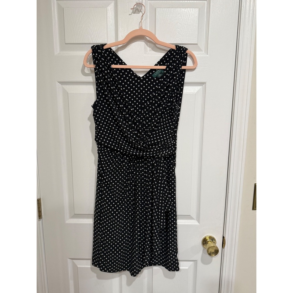 Lauren Ralph Lauren Black White Polka Dot Faux Wrap V-Neck Dress 12